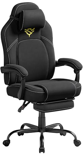 SONGMICS HOME Gaming-Stuhl, ergonomischer Computerstuhl mit Fußstütze, Bürostuhl, Drehstuhl mit Kopfkissen, Baumwoll-Leinen-Mischgewebe, höhenverstellbar, tintenschwarz OBG072BH03