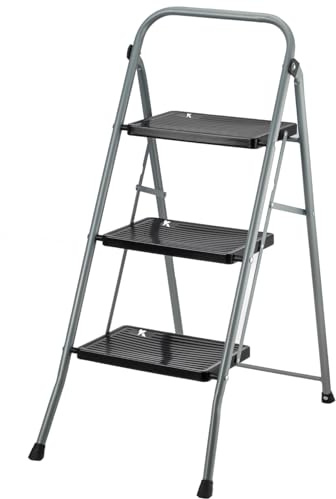 Escalera Plegable, Gris Oscuro – Metal Reforzado, Peldaño Extra Ancho, Apoyabrazos, 150 kg (Negro, 3 Peldaños)