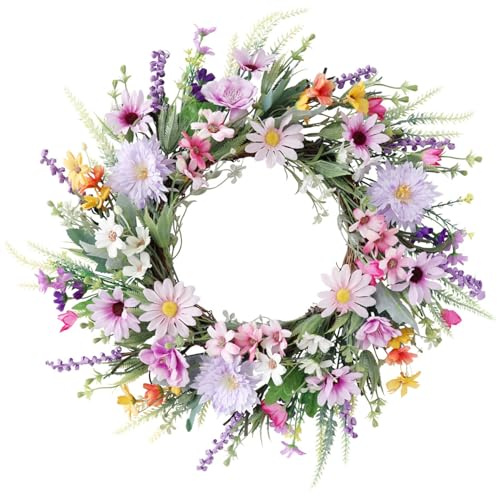 Peosaard Spring Wreaths for Front Door, Daisy Wreath 20 Inch Colorful Vivid & Lifelike Spring/Summer Wreath with Green Leaves Hanging Silk Ornament for Front Door, Wall, Window