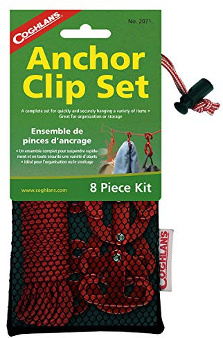 Coghlan's 8-Piece Anchor Clip Set with Rope & Tensioner - Aluminum Dual-Crescent Hooks for Fastening Gear, Ideal for Laundry, Towels, Lamps, Cooking Utensils & Outdoor Lighting