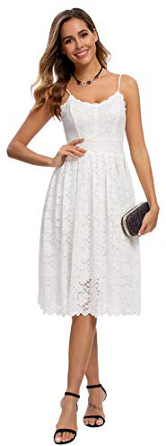 Atnlewhi Womens Spaghetti Strap V Neck Sleeveless A Line Lace Dresses for Evening Cocktail Formal Wedding Guest White