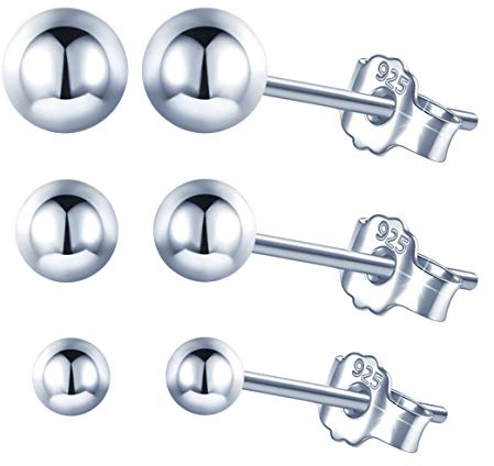 Boucles d'oreilles de boule argent, en argent 925, clous d'oreilles simple pour femme fille, trois paires, 3mm, 4mm, 5mm