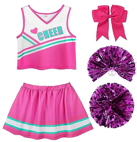 ReliBeauty Déguisement Pompom Girl Costume Cheerleader Short sous La Jupe avec Barrette Nœud et Pompons pour Carnaval Halloween 12ans, 150