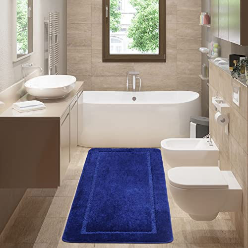 SOANNY 60x150 cm Badezimmerteppich, Hochflor Mikrofaser, rutschfest & Waschbar, Saugfähig Groß Duschteppich, Perfekt für Bad & WC Vorleger, Blau