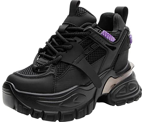 ANUFER Dam hög plattform tjocka träningsskor skor äkta läder kilklack sneakers, Svart, 38.5 EU