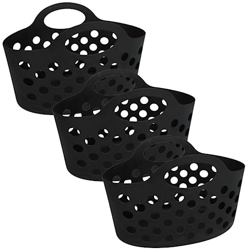 Basket with Handles 3 count Plastic Oval Carry Totes 12x7x7 (Black)