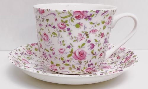 Rainbow Decors Royal Chelsea Tasse et soucoupe en porcelaine anglaise Motif roses et violettes 425 ml