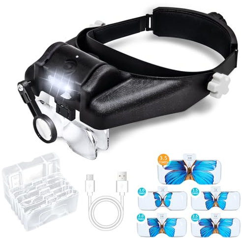NZQXJXZ Lupenbrille mit Licht, 1X bis 14X Wiederaufladbare Vergrößerungsbrille mit 3 LED-Licht und 5 Abnehmbare Linsen, Freisprech Lupenbrille für Brillenträger, Hobbys, Juweliere, Kunsthandwerk