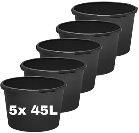 STELLA GREEN Mörtelkübel 45L - Mörtelwanne Rund 5er Set - Robuster Maurerkübel aus flexiblem Recyclingkunststoff – Stabiler Baueimer für Handwerker, Baustelle, Garten und Landwirtschaft