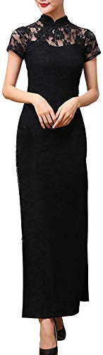 Damen Langes Cheongsam Kleid Sexy Spitze Seite Split Chinesische Frühling Festival Abendkleid Bodycon Vintage Mandarinenkragen Qipao, Schwarz , M