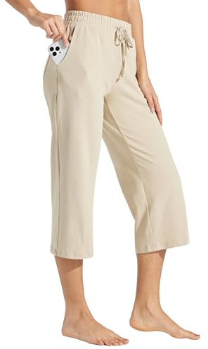 WILLIT capribyxor för kvinnor, bomull, yoga, capribyxor, lediga loungebyxor, breda ben, träning, sweatpants med fickor, 50 cm, kaki, L