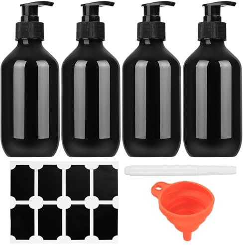 4 Pz Bottiglie Vuote Pompa a Pressione, 300 ml Dispenser Contenitore di Sapone Plastica per Shampoo Lozioni Bagno Cucina, con Etichetta Penna Imbuto (nero)