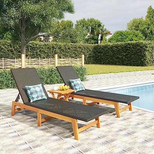 ZEYUAN Tumbonas 2 uds ratán y Madera Maciza Acacia marrón y Negro, Tumbonas Jardin Exterior, Tumbona Piscina, Sun Lounger, Tumbonas De Jardin, Cama Jardin Exterior, Tumbona De Playa