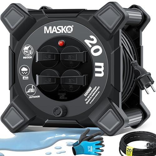 MASKO® Enrouleur de câble, 20 m, avec prises de terre et poignée enroulée, protection thermique, IP44, 1000 W, ~ 3000 W, avec poignée de transport et gants de montage