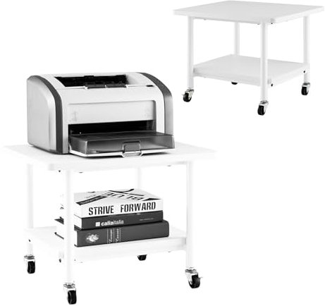 HOMASIS 2-stufiger Druckertisch, Druckerständer mit 4 Rollen inkl. 2 Bremsen, Druckerwagen 55kg belastbar, Drucker Ständer Druckerregal Druckerhalter Rollwagen für Büro Zuhause Office (Weiß)
