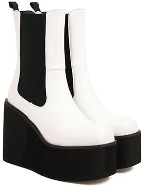 ENWIND Botas Chelsea De Mujer con Plataforma Y Doble Elástico Gore Punta Redonda Tacón De Cuña Botas De Combate,Blanca,40 EU