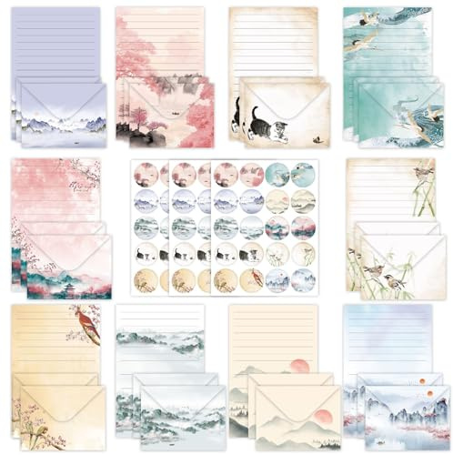 JasCherry 160 Pcs Stationery Set with Envelopes, 50 A5 Sheets of Stationery (10 Designs) with 50 Envelopes and 60 Stickers, Letter Writing Stationery for Home, Office, School, Set B