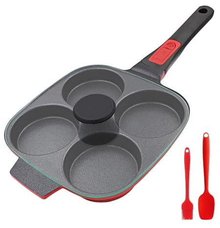 RANX INGST Padella Pancake 4 Fori con Coperchio, Padella per Uova Fritte con Manico Rimovibile, padella per omelette Antiaderente in Alluminio