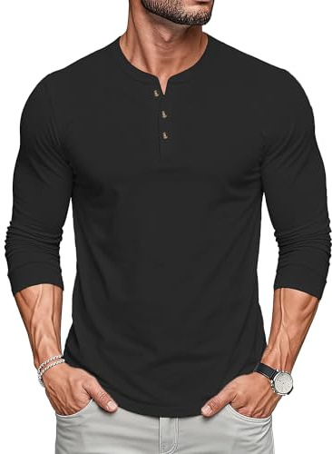 MAGCOMSEN Mens Long Sleeve Henley Tops Plain Cotton T-Shirts 3 Buttons Henley Casual Shirt Soft Basic Tops,Black,L