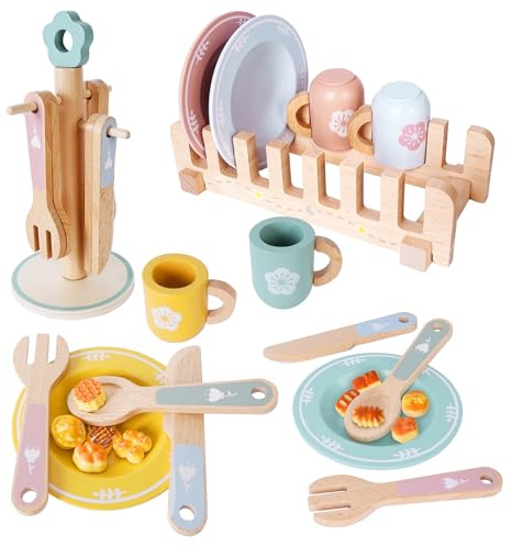 Cuisine en Bois Enfant, Dinette 32 Pièces avec Accessoires Cuisine, Jeu de Vaisselle en Bois avec Petits Gâteaux et Pâtisseries, Service à Thé pour Enfants, Jouet de Jeu de Rôle