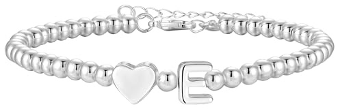 Aretas Initial Bracelets for Women Girls Silver Letter E Heart Pendant Bead Charm Bracelet Personalized Cuff Bangle Jewelry Christmas Birthday Gifts for Girls Daughter Sister Friends Jewellery