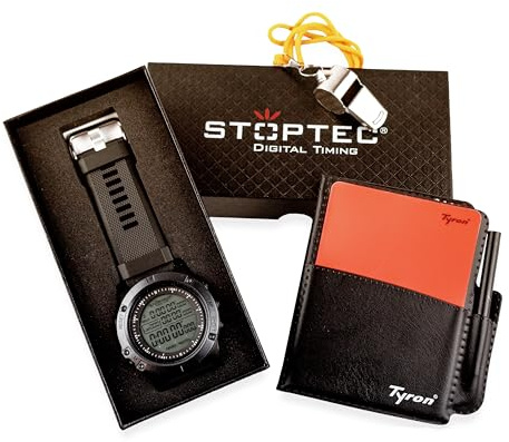 Stoptec Reloj de árbitro RW-110 | Modo de fútbol especial | Cronómetro | Pacer | Alarma | Iluminación | Hora y Fecha | Con Tarjetas de Arbitraje y Silbato Triller