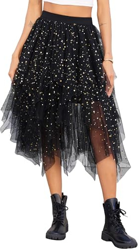 Lovasy Gonna Tulle Donna Lunga Paillettes Gonne Irregolare in Tulle Midi Plissettate Gonne Tutu a Strati Gonna in Rete Elegante per Carnevale Halloween Natale Party Prom,A-Nero,S/M