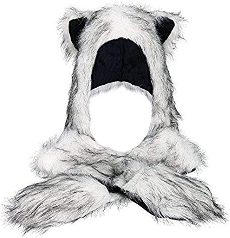 LATH.PIN Fell-Mütze mit Handschuh-Schal Plüschmütze Tiermütze Plüschtier Kapuzenschal Ohren mit Handschuhe Schal Kunstfell Winter
