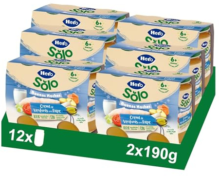 Hero Baby - Tarritos Infantiles, Buenas Noches Tarritos de Crema de Verduras con Rape, Alimento Infantil para Bebés a Partir de los 8 Meses - 190 g (Paquete de 12)