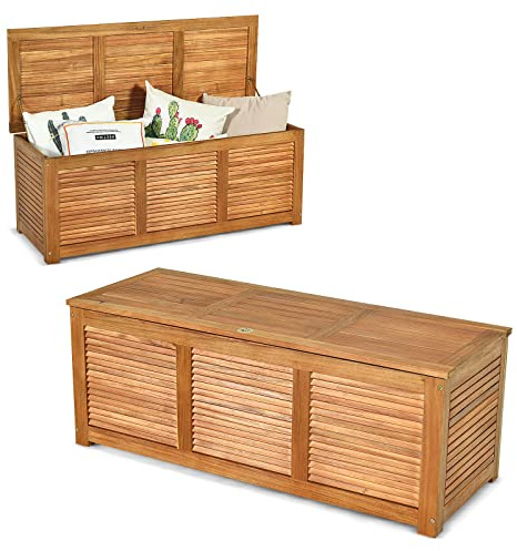GYMAX Coffre de Terrasse en Bois d'Acacia, Boîte de Rangement Intérieur Extérieur pour Jardin, Coussins de Meubles/Patio ou Outils de Jardinage