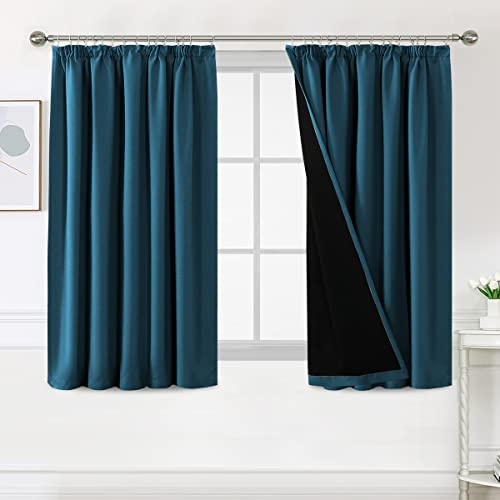 BellaHills 100% Blackout Curtains for Bedroom Thermal Insulated Curtains & Drapes Blackout Curtains Pencil Pleat Curtains for Living Room with Black Liner 2 Panels, 46 x 54 Inch, Dark Teal