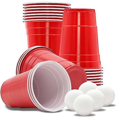 SWAVGO Party Becher mit 5 Bälle Set, 100x Partybecher 473 ml - Plastikbecher Trinkbecher Festival Geburtstag Hochzeit (100x Rot)