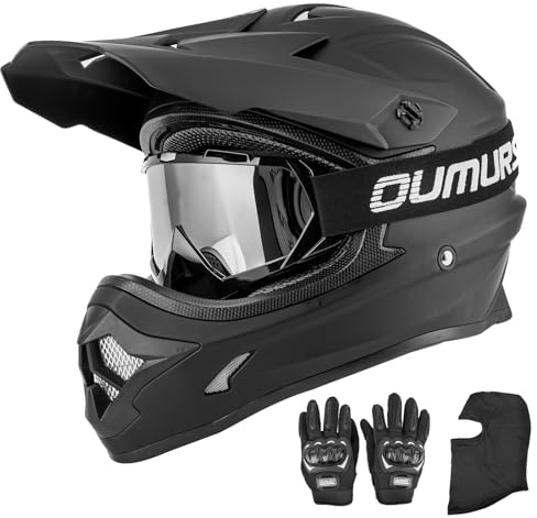 OUMURS Adult ATV Dirt Bike Helmet with Goggles Gloves & Mask Adjustable Sun Visor Motorcycle Adults Helmet Off-Road Motocross Downhill Moped MX for Unisex-Adult-Matte Black, L