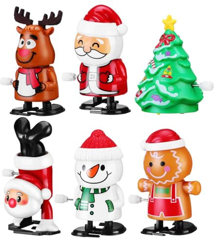 jojofuny 6 Stück Weihnachten Aufziehspielzeug Set Aufziehfigur Uhrwerk Wind Up Spielzueg Weihnachtsmann Schneemann Lebkuchenmann Weihnachtsbaum Rentierfigur für Weihnachtsparty Gefälligkeit
