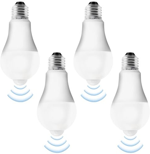 Pack de 4 Bombillas LED E27 Con Sensor de Movimiento: Lámpara PIR 12W Blanco Frío 6500K Con Sensor de Luz - Ahorro de Energía Para Pasillo, Garaje, Escaleras, Balcón