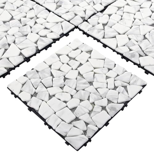 4PCS Natural Pebble Interlocking Deck Tiles, 12 x 12 Recycled Glass Marble Looks Waterproof Patio Deck, Outdoor & Indoor Flooring Decking Tiles for Porch Poolside Balcony Backyard, Carrara White