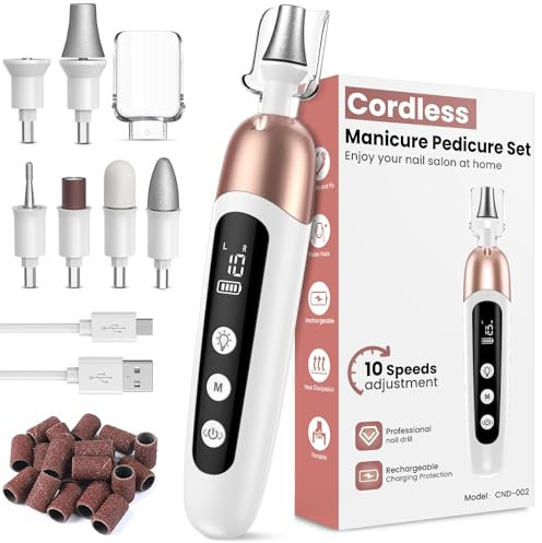 Maniküre/Pediküre Set, Nagelfräser, Kabellos Akku Elektrische Nagelfeile mit 6 Aufsätze zur Nagelpflege, Nagelfräser für Gelnägel mit 10 Geschwindigkeiten und LED Licht, Hände Fußpflege Fräser set