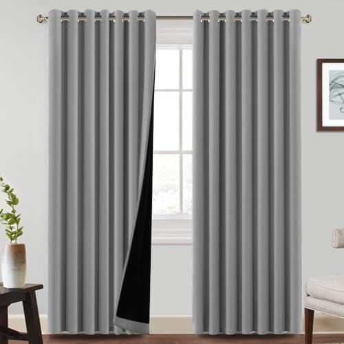 BellaHills 100% Blackout Curtains for Bedroom Thermal Insulated Blackout Curtains Heat and Full Light Blocking Eyelet Curtains for Living Room with Black Liner 2 Panels, 90 x 90 Inch, Dove Grey