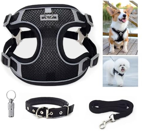 PXBSNB Hundegeschirr für Mittelgroße Hunde, Atmungsaktiv Anti-Zug Geschirr Mit Leine, Reflektierend Welpengeschirr, Einstellbar Sicher Schwarz L