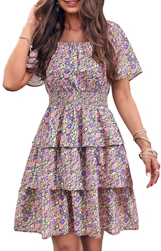 PRETTYGARDEN Women's 2026 Floral Summer Short Dress Square Neck Short Sleeve Tiered Ruffle Boho Swing Dresses (Army Green Floral,Medium)