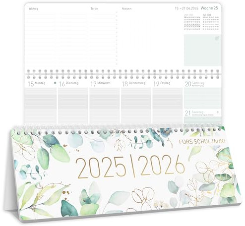 Häfft® Wochen-Tischkalender Schuljahr 2025/2026 Blattgold im Quer-Format mit Aufsteller, 1 Woche auf 2 Seiten - Wochenkalender, Schreibtisch-Kalender Schule - nachhaltig & klimafreundlich