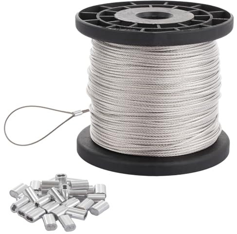 Oungy 2mm Wire Rope, 70m/230ft Stainless Steel Picture Hanging Wires with 70 Aluminum Crimping Loop Sleeve, Metal Wire Spool Cable Hanging Wires for Picture, Clothes Line