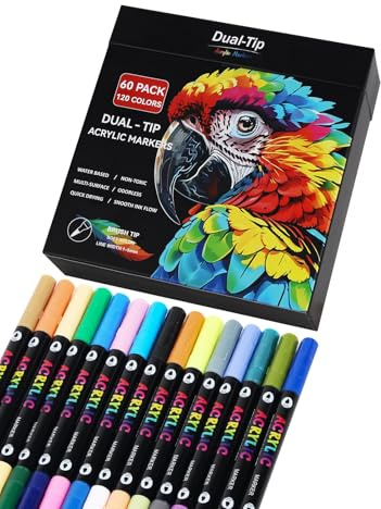 AEDAGA 60 Acrylic Paint Pens with 120 Colours Brush Tip for Rock Painting Fabric Glass Stone Ceramic Wood Metal, Dual Tip Acrylic Markers for Adults, Paint Markers for Easter Egg Pumpkins Graffiti