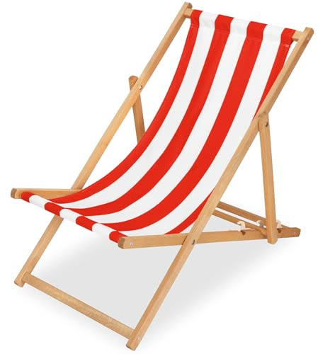 SPRINGOS Klappbarer Holz-Sonnenstuhl mit 3-Fach Verstellbarer Rückenlehne, Weiß und Rot, bis 120 kg – hochwertiger, Stabiler Liegestuhl für Garten, Balkon, Strand, mit Streifenmuster
