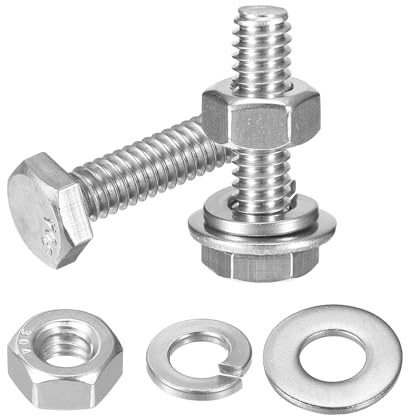 QUARKZMAN Set med 10 uppsättningar sexkantsmuttrar och bultar, 304 rostfritt stål, 1/4–20 x 1 tum sexkantsskruvar med 1/4 tum muttrar och brickor och tillverkning
