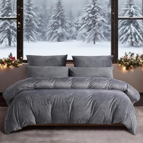 YASMENG Flanell sängkläder 135 x 200 vinter grå antracit varm mysig flanell sängkläder 135 x 200 vinter fluffig plysch fleece påslakan set 2 delar med dragkedja och 80 x 80 cm örngott