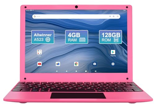 Fwmntu Mini Laptop Computer, 10.1 inch Android 13, 4GB RAM, 128GB Storage, HD IPS Display, 1280x800 Pixel, Portable Netbook with Allwinner A523 CPU Black (Pink)