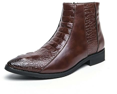 Générique Hommes Bout Pointu Bottes Courtes Cuir PU Bottines Chelsea avec Fermeture Éclair Latérale Talon Plate Chaussures De Robe De Bureau,Marron,43 EU