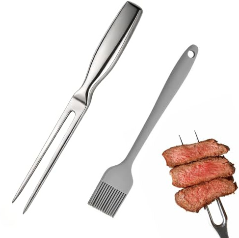 Tenedor de Carne de Acero Inoxidable,27 x 2,4cm Tenedor de Trinchar,Tenedores Patatas Acero Inoxidable,Incluye Cepillo de Silicona,Tenedors de Barbacoa de para Filetes,Carne a La Parrilla,Pollo Asado