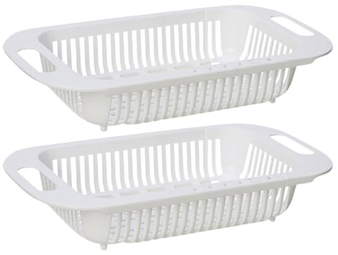 BESPORTBLE Lot de 2 Passoires d'Évier Rectangulaires Extensibles en Plastique Blanc, Paniers d'Égouttage Réglables pour Fruits et Légumes, Accessoire Cuisine Pratique pour Évier Intérieur